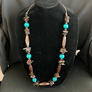 Turquoise and brown wooden necklace.